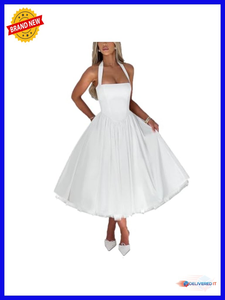 Women Summer Halter Neck Low Cut Sleeveless A-Line Tulle Swing Flowy Tea Length